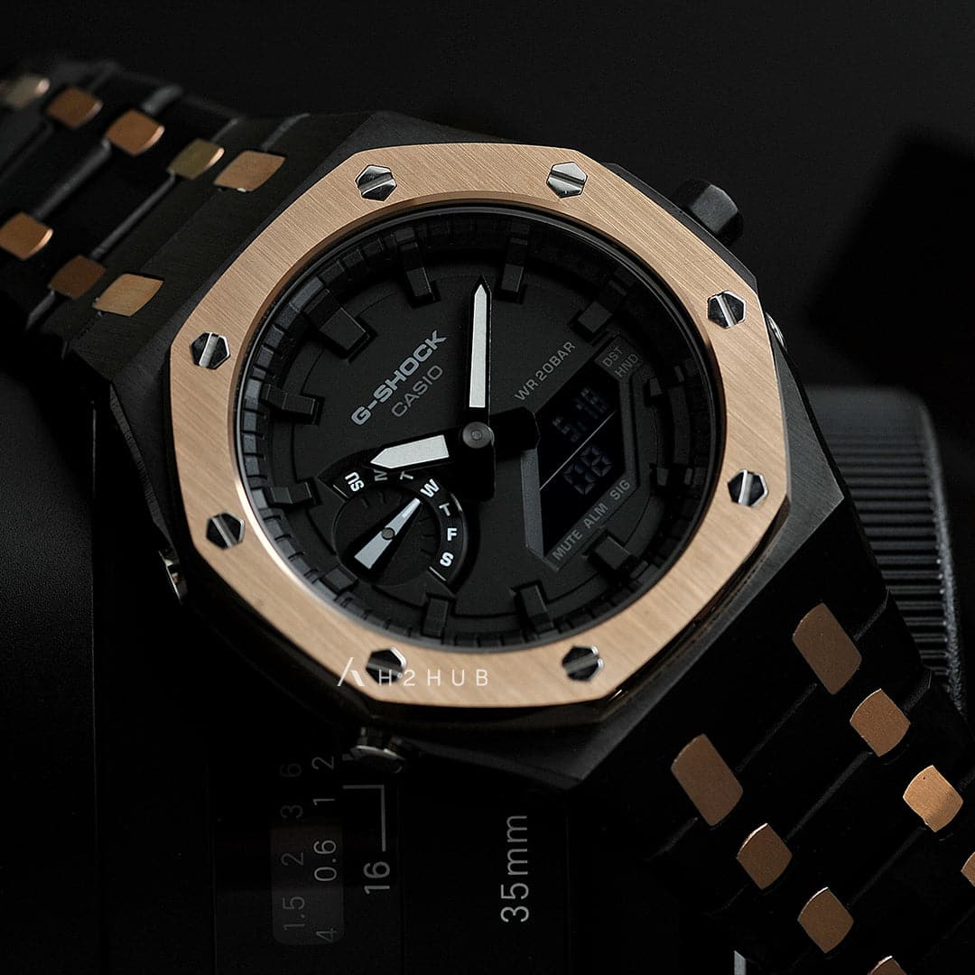 Casio Mod G-Shock Black Two-Tone Stainless Steel Strap Men Watch GA-2100-7ADR-M1