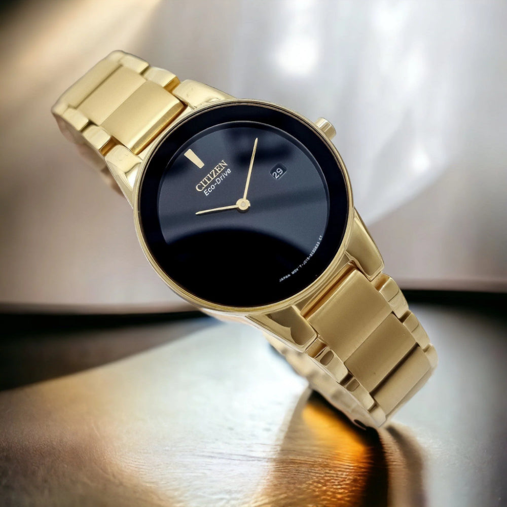 CITIZEN GA1052-55E BLACK DIAL GOLD STAINLESS STEEL BRACELET STRAP WOMEN'S WATCH