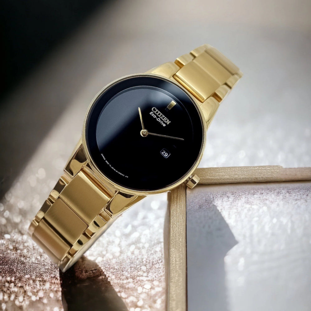 CITIZEN GA1052-55E BLACK DIAL GOLD STAINLESS STEEL BRACELET STRAP WOMEN'S WATCH