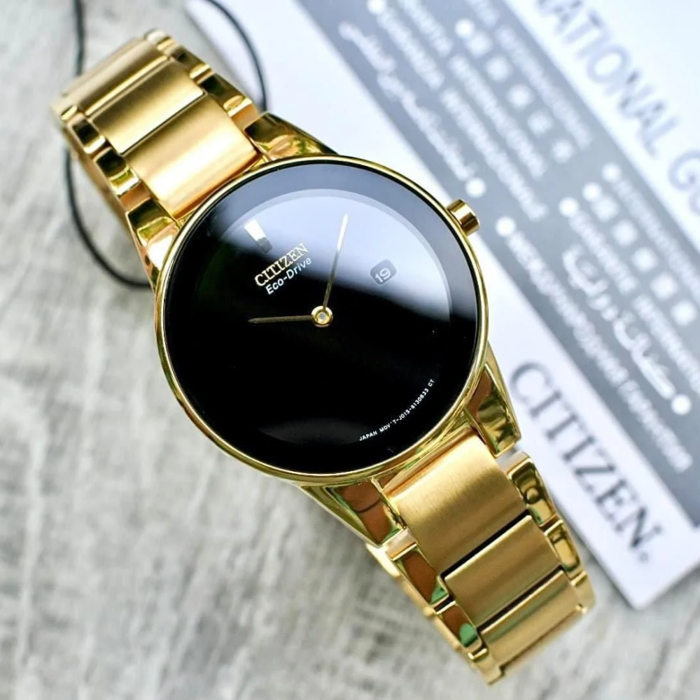 CITIZEN GA1052-55E BLACK DIAL GOLD STAINLESS STEEL BRACELET STRAP WOMEN'S WATCH