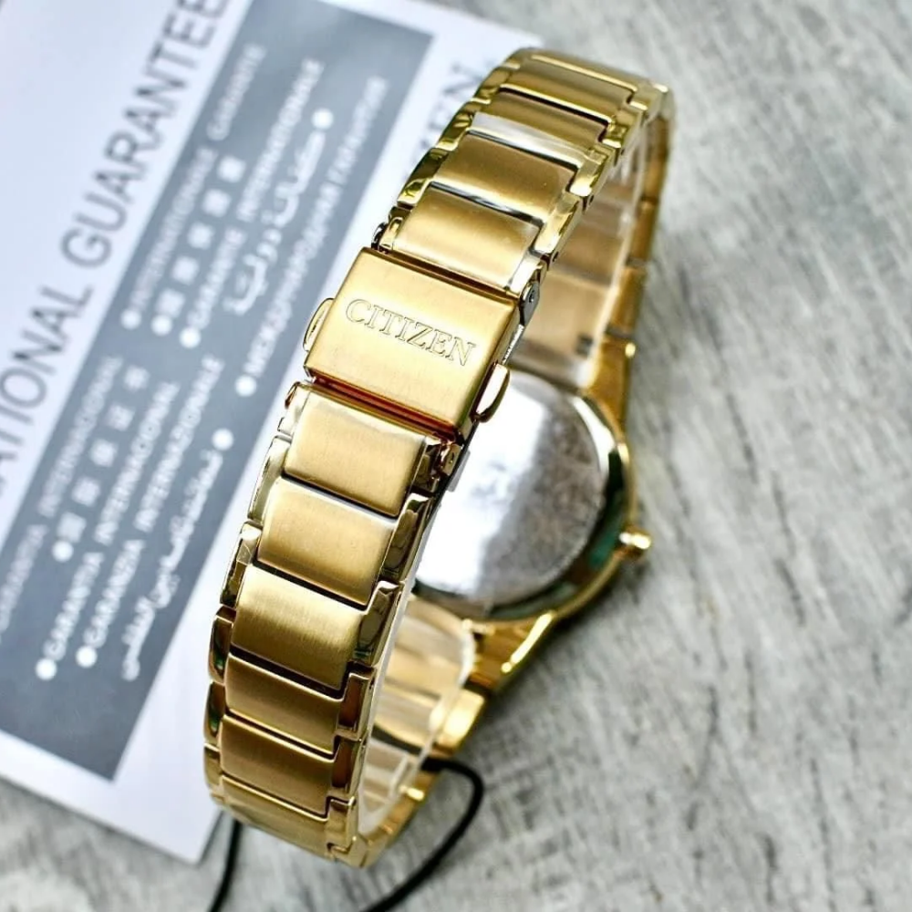 CITIZEN GA1052-55E BLACK DIAL GOLD STAINLESS STEEL BRACELET STRAP WOMEN'S WATCH