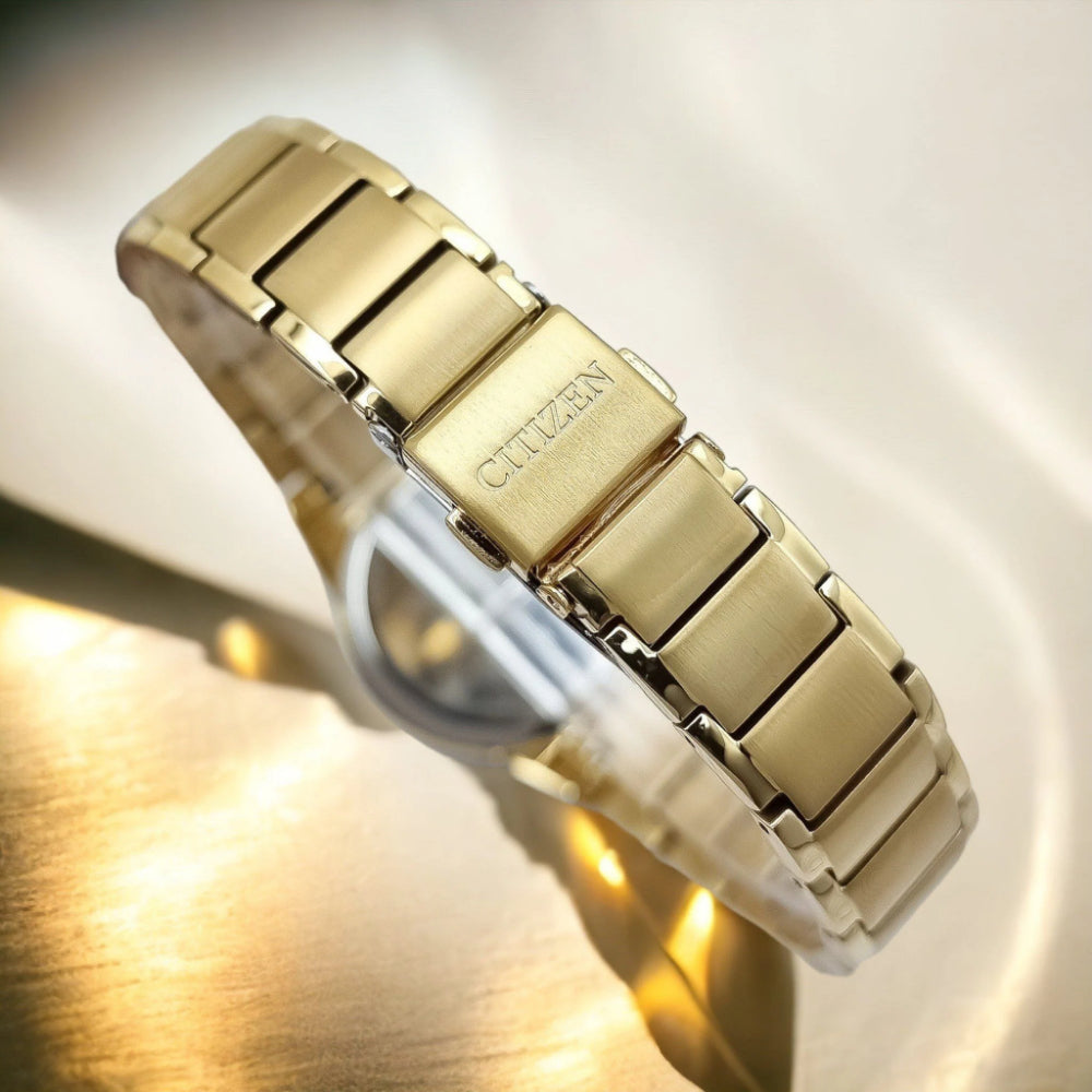 CITIZEN GA1052-55E BLACK DIAL GOLD STAINLESS STEEL BRACELET STRAP WOMEN'S WATCH