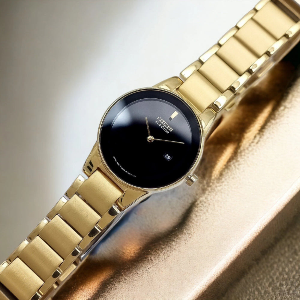 CITIZEN GA1052-55E BLACK DIAL GOLD STAINLESS STEEL BRACELET STRAP WOMEN'S WATCH