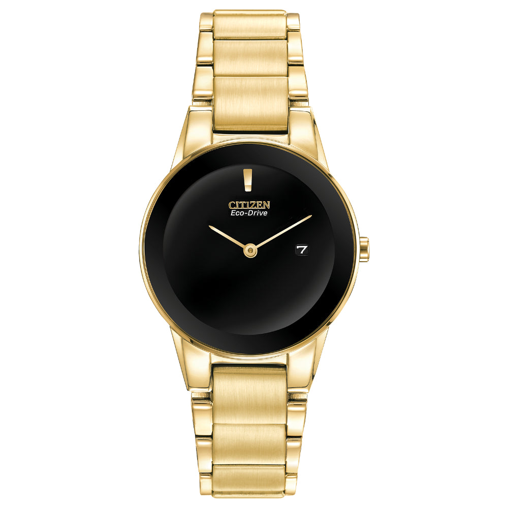 CITIZEN GA1052-55E BLACK DIAL GOLD STAINLESS STEEL BRACELET STRAP WOMEN'S WATCH