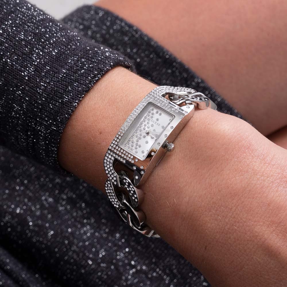 Guess Crystal Chain Silver Stainless Steel Strap Women Watch GW0298L1