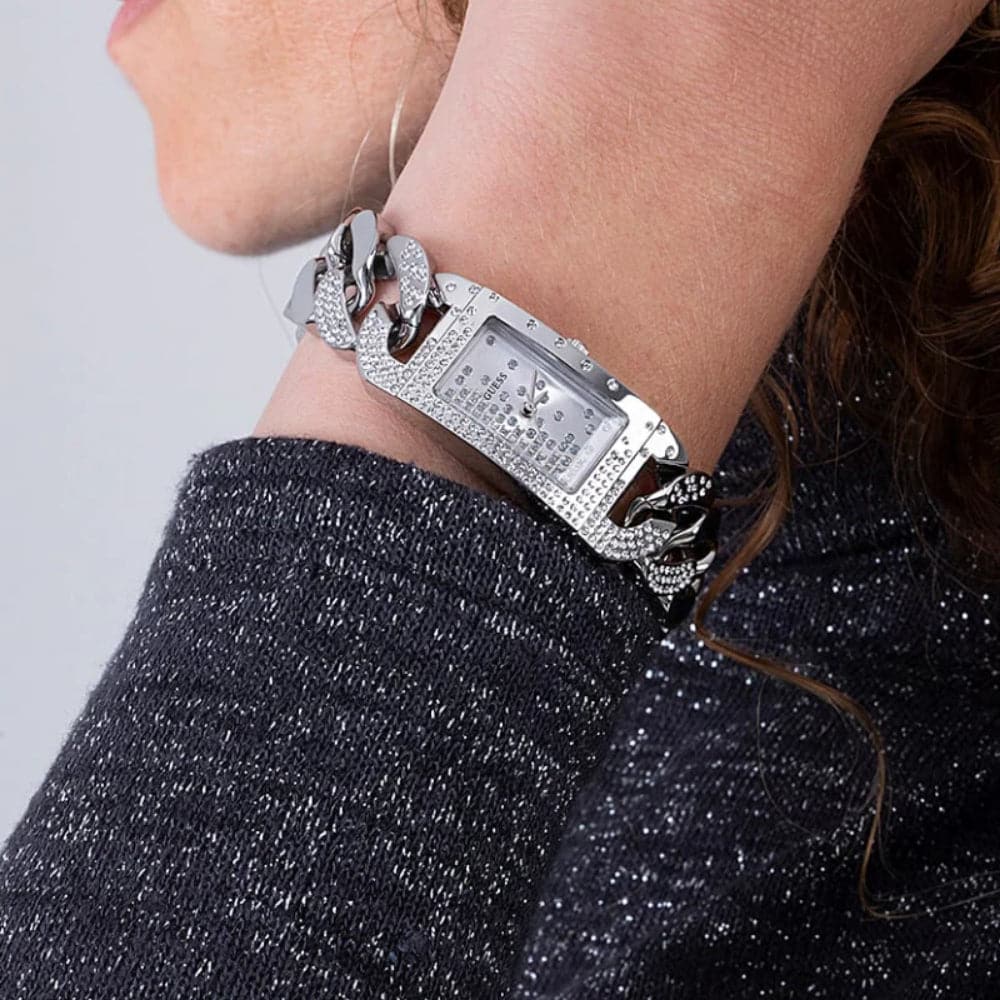 Guess Crystal Chain Silver Stainless Steel Strap Women Watch GW0298L1