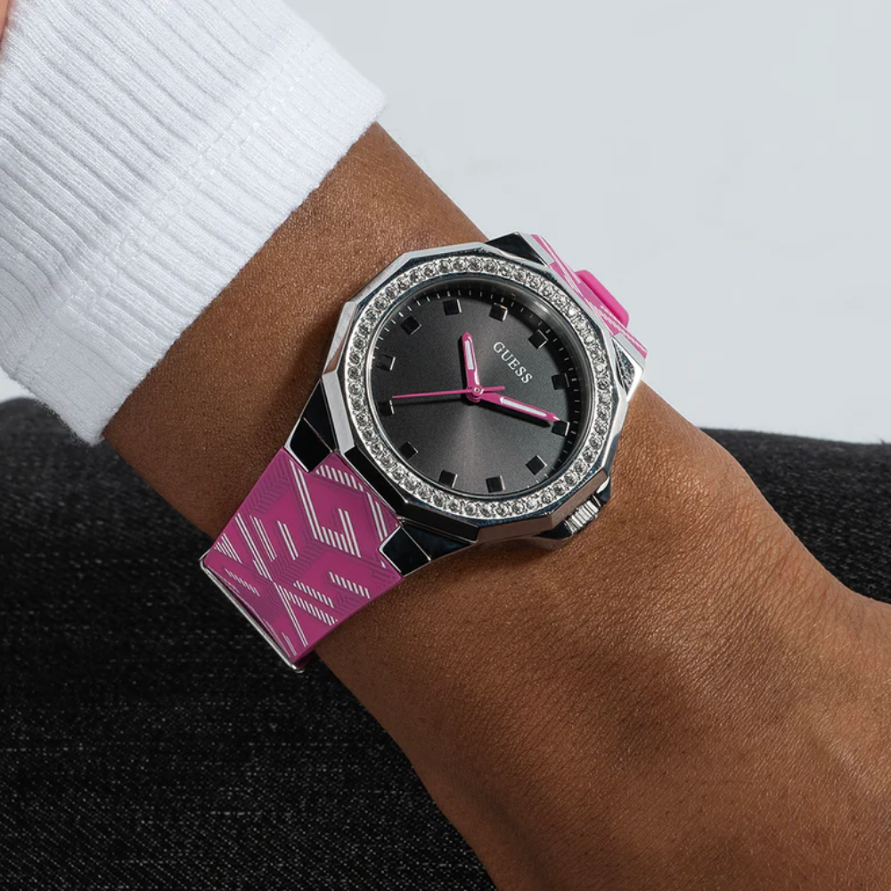 Guess Analog Black Dial Pink Silicone Strap Women Watch GW0598L1