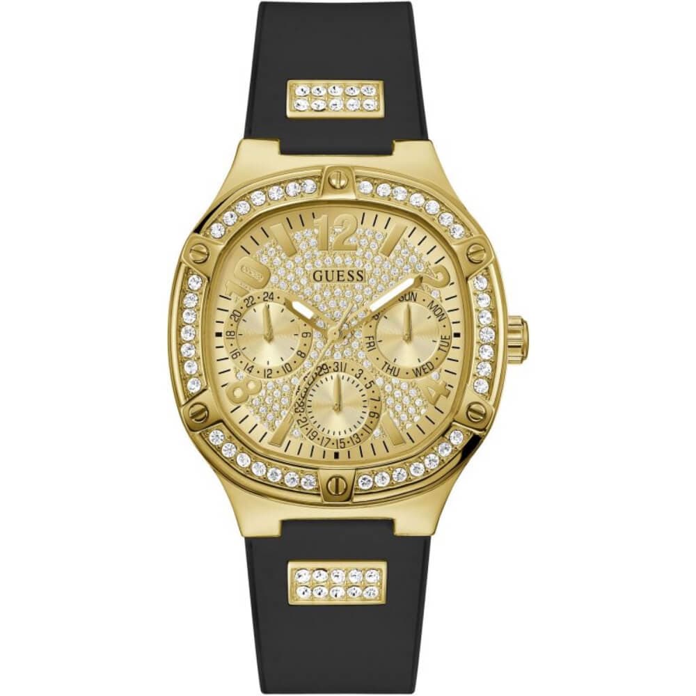 Guess Duchess Chronograph Gold Dial Black Silicone Strap Women Watch GW0619L2