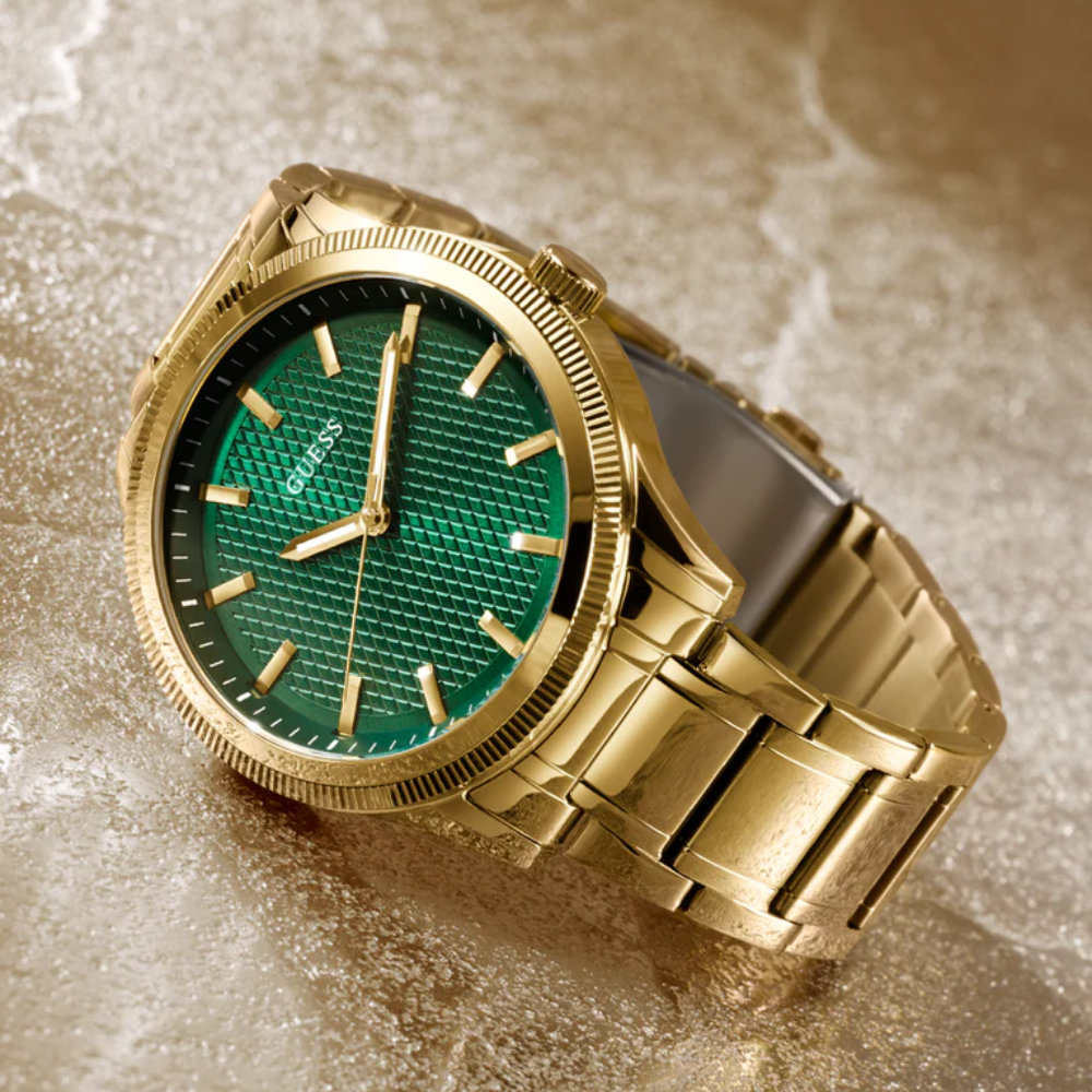 Guess Analog Green Dial Gold Stainless Steel Strap Men Watch GW0626G2