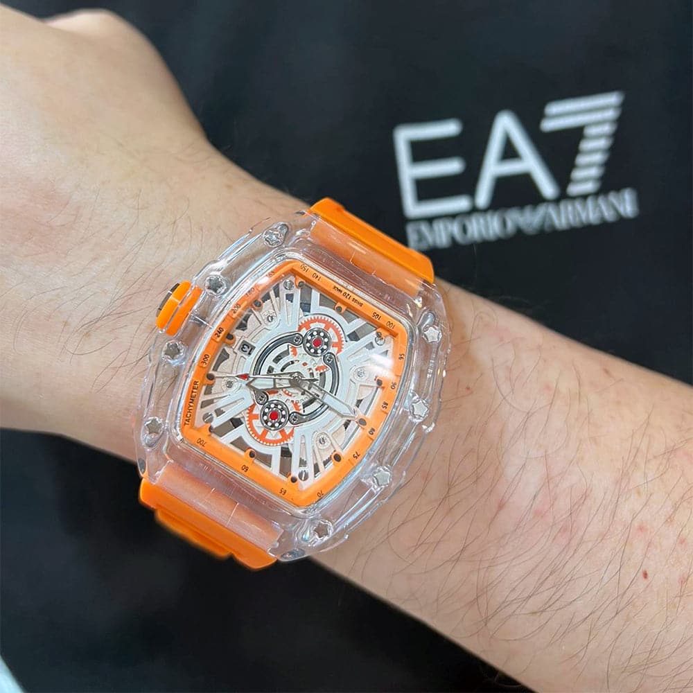 Skeleton Dial Orange Silicone Strap Men Watch H2-9178G-TR-OR