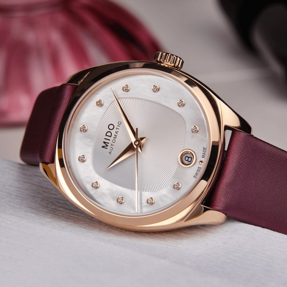 Mido Belluna Burgundy Bordeaux Fabric Strap Women Watch M0243073711600