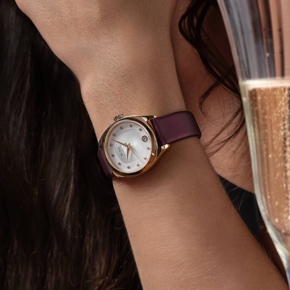 Mido Belluna Burgundy Bordeaux Fabric Strap Women Watch M0243073711600