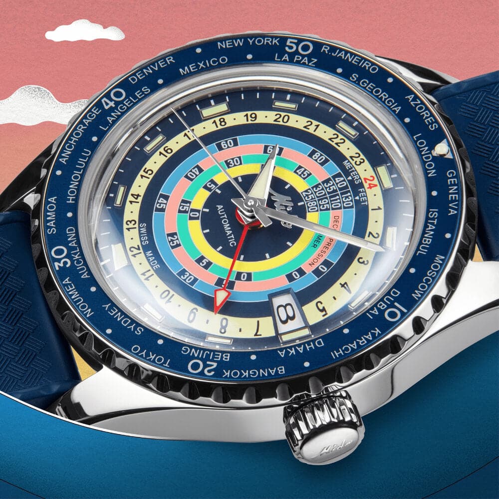 Mido Ocean Strap World Time GMT Blue Rubber Strap Men Watch M0268291704100
