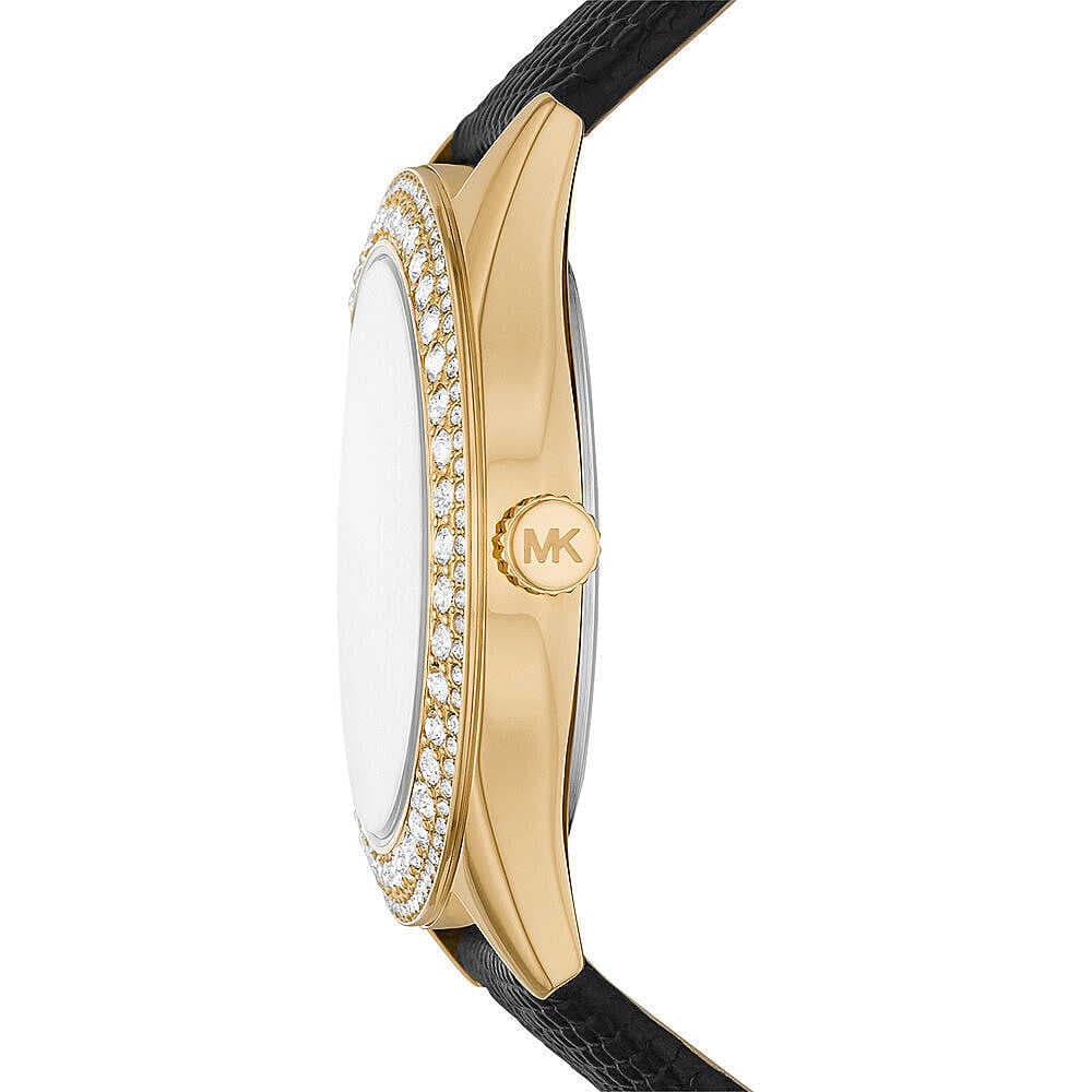 Michael Kors Gold Crystal Dial Black Leather Strap Women Watch MK2988