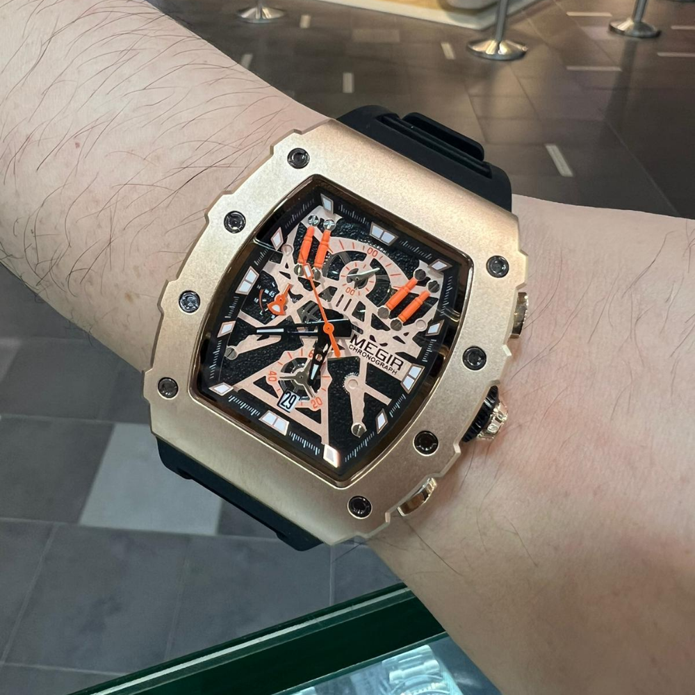 Megir Skeleton Dial Black Silicone Strap Men Watch MN2218GREBK-1NO