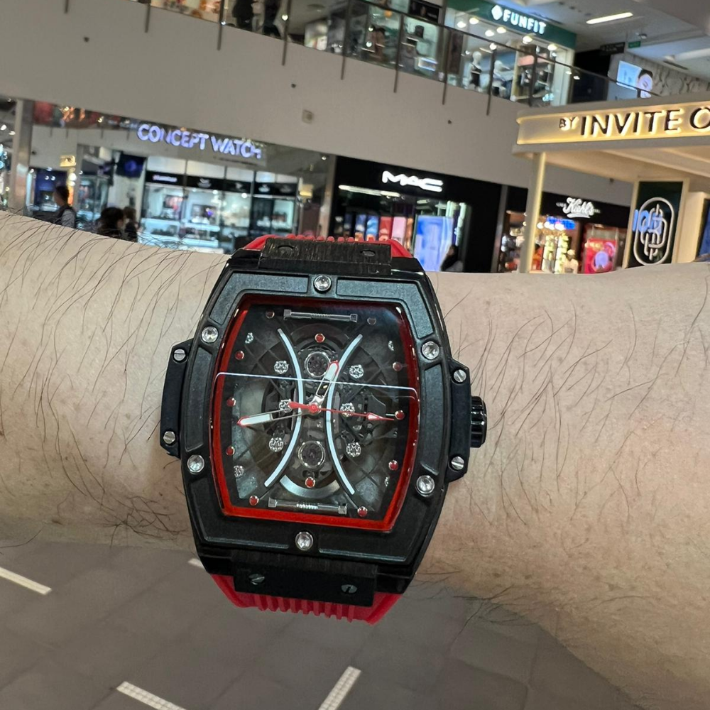 Megir Black Case Skeleton Dial Red Silicone Strap Men Watch MN8109G-BKRD-1N8
