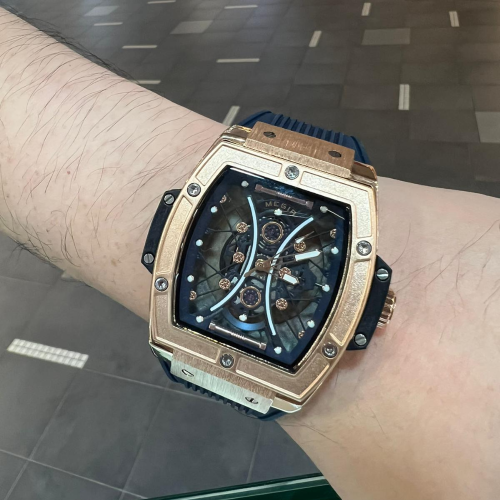 Megir Skeleton Dial Rose Gold Case Blue Silicone Strap Men Watch MN8109GREBE-2N0