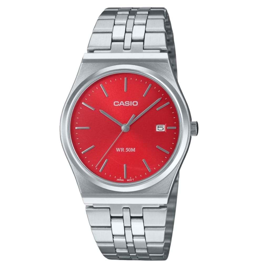 Casio General Red Dial Silver Stainless Steel Strap Unisex Watch MTP-B145D-4A2VDF