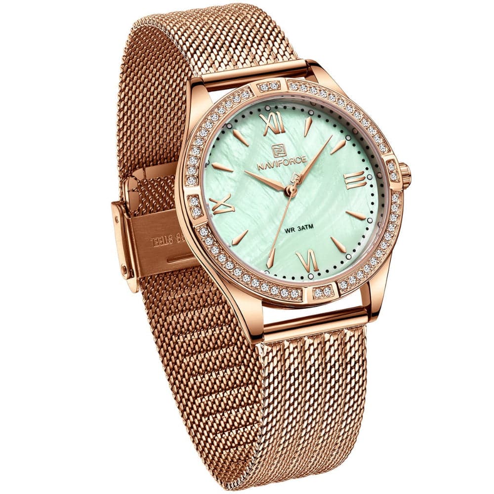 Naviforce Green Dial Rose Gold Milanese Strap Women Watch NF5028 RG/GN