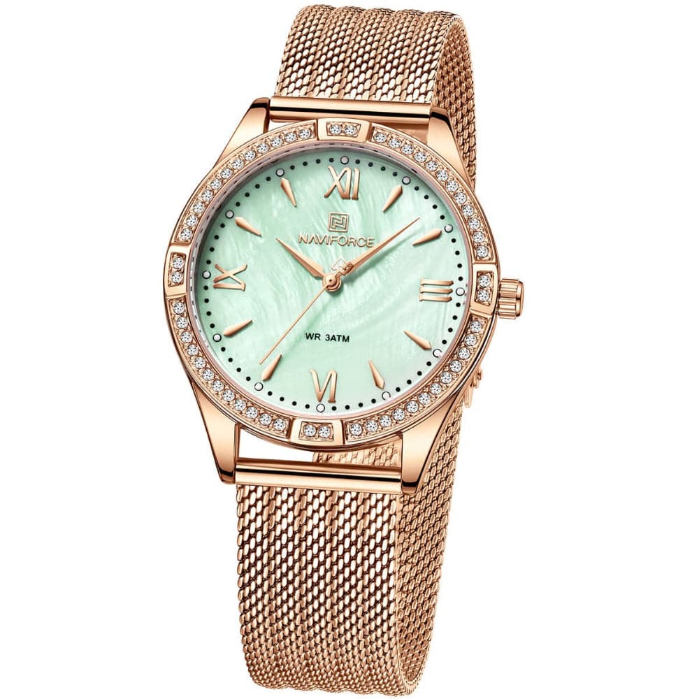 Naviforce Green Dial Rose Gold Milanese Strap Women Watch NF5028 RG/GN