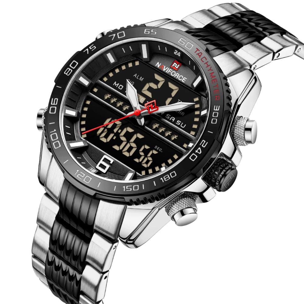 Naviforce Digital Black Dial Silver Stainless Steel Strap Men Watch NF9195S S/B/B