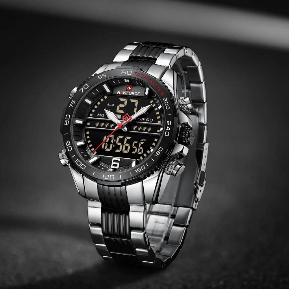 Naviforce Digital Black Dial Silver Stainless Steel Strap Men Watch NF9195S S/B/B