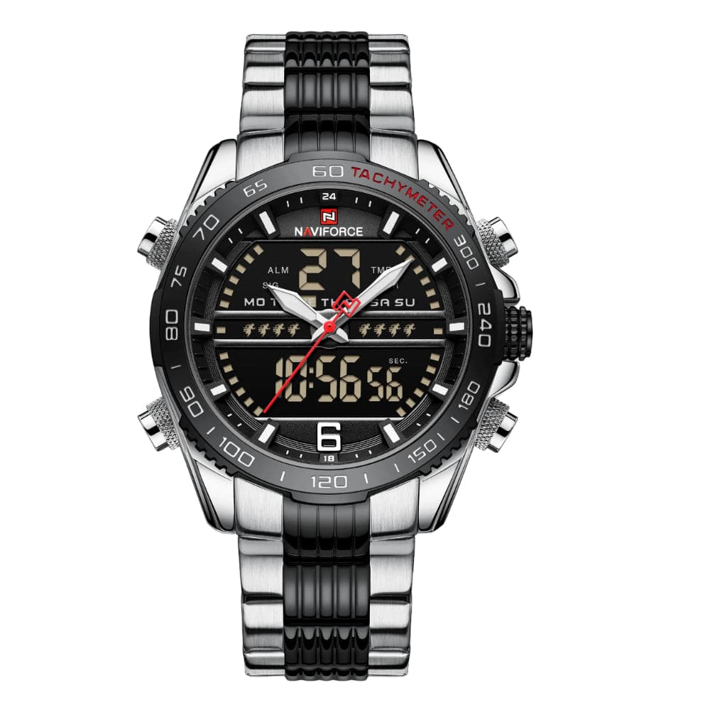 Naviforce Digital Black Dial Silver Stainless Steel Strap Men Watch NF9195S S/B/B