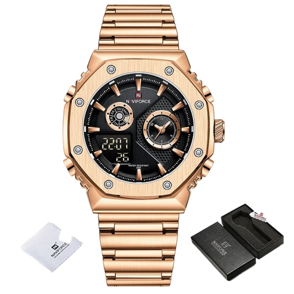 Naviforce Black Dial Rose Gold Stainless Steel Strap Men Watch NF9216S RG/B