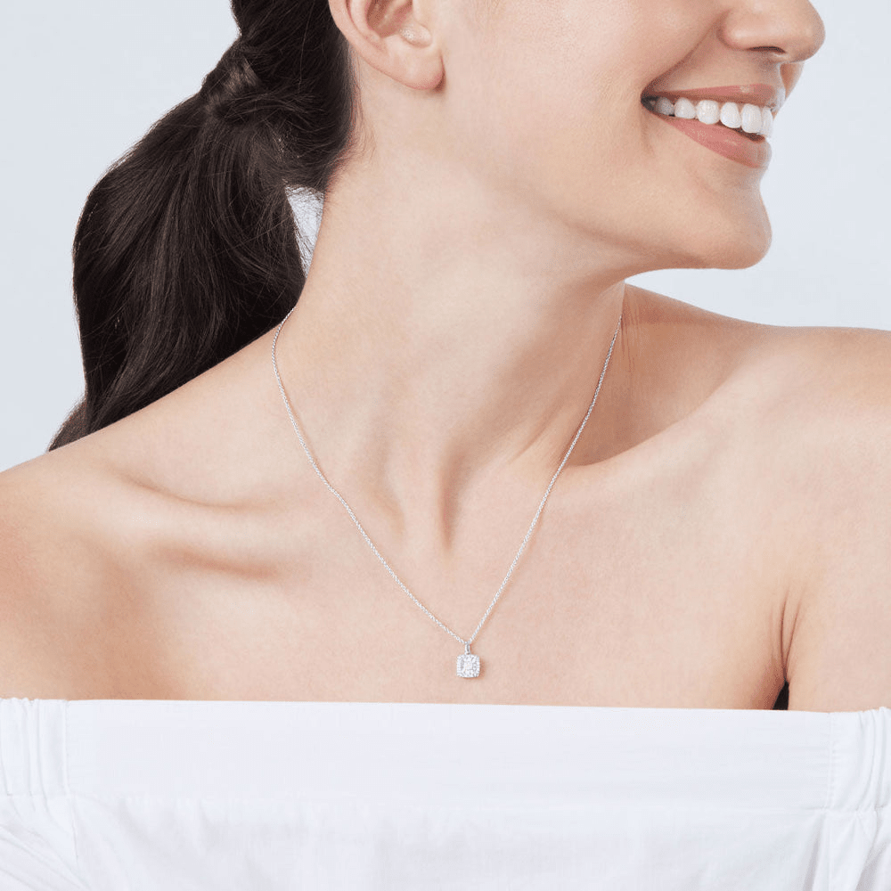 45cm Diamond Set Cushion Miracle Halo Necklace in Sterling Silver