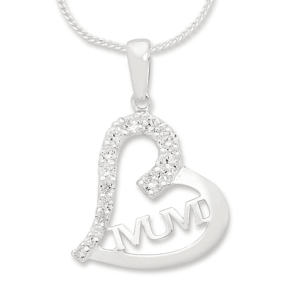 45cm Cubic Zirconia Mum Heart Pendant Necklace in Sterling Silver