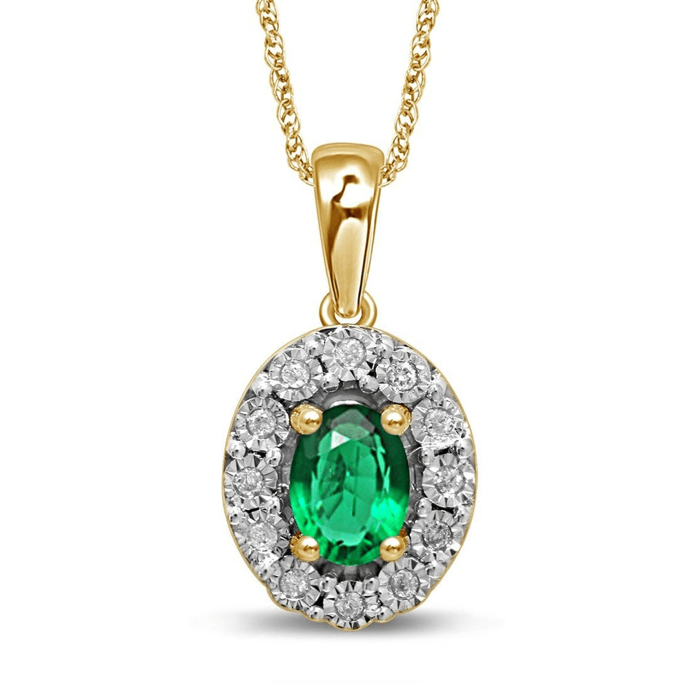 45cm Created Emerald and Diamond Halo Pendant Necklace in 9kt Yellow Gold