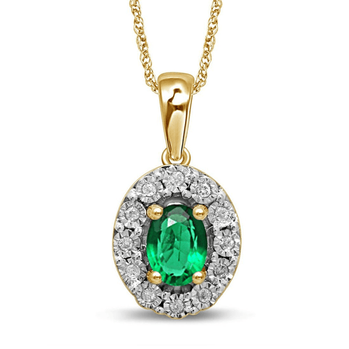 45cm Created Emerald and Diamond Halo Pendant Necklace in 9kt Yellow Gold