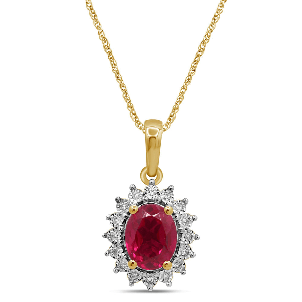45cm Created Ruby and Diamond Halo Flower Necklace in 9kt Yellow Gold