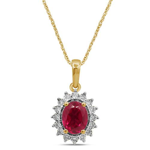 45cm Created Ruby and Diamond Halo Flower Necklace in 9kt Yellow Gold
