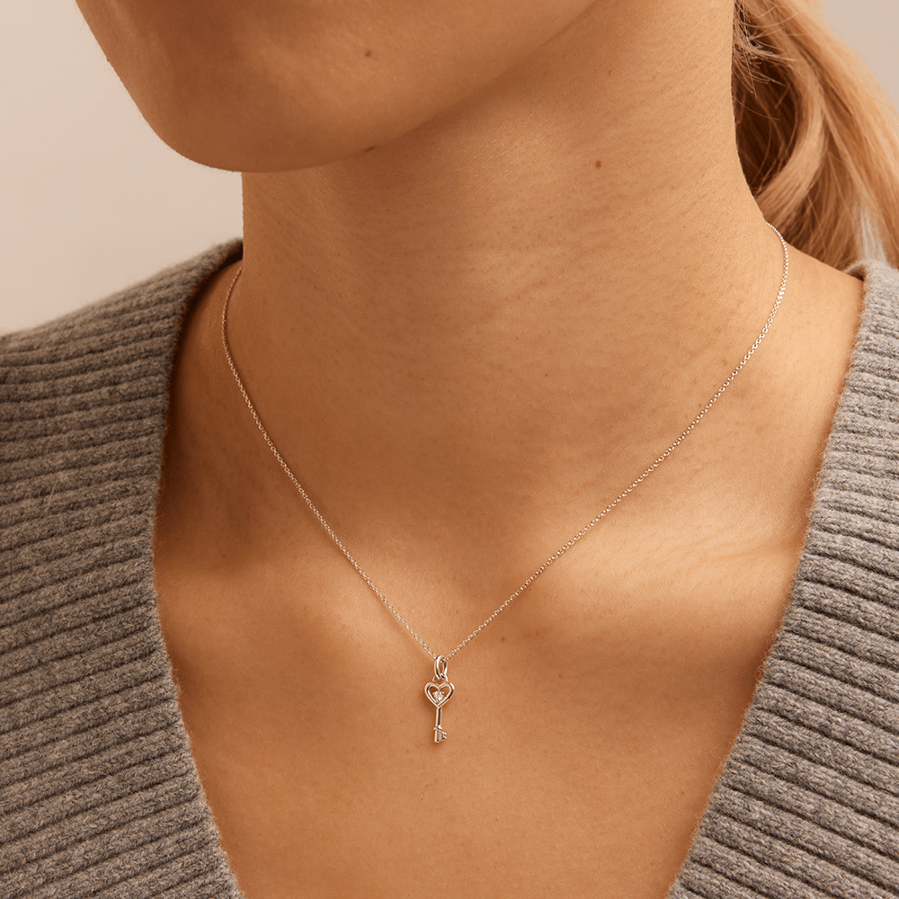 45cm Heart Key Pendant Necklace with 0.01tw of Laboratory-Grown Diamonds in Sterling Silver and Platinum