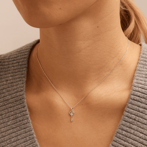45cm Heart Key Pendant Necklace with 0.01tw of Laboratory-Grown Diamonds in Sterling Silver and Platinum