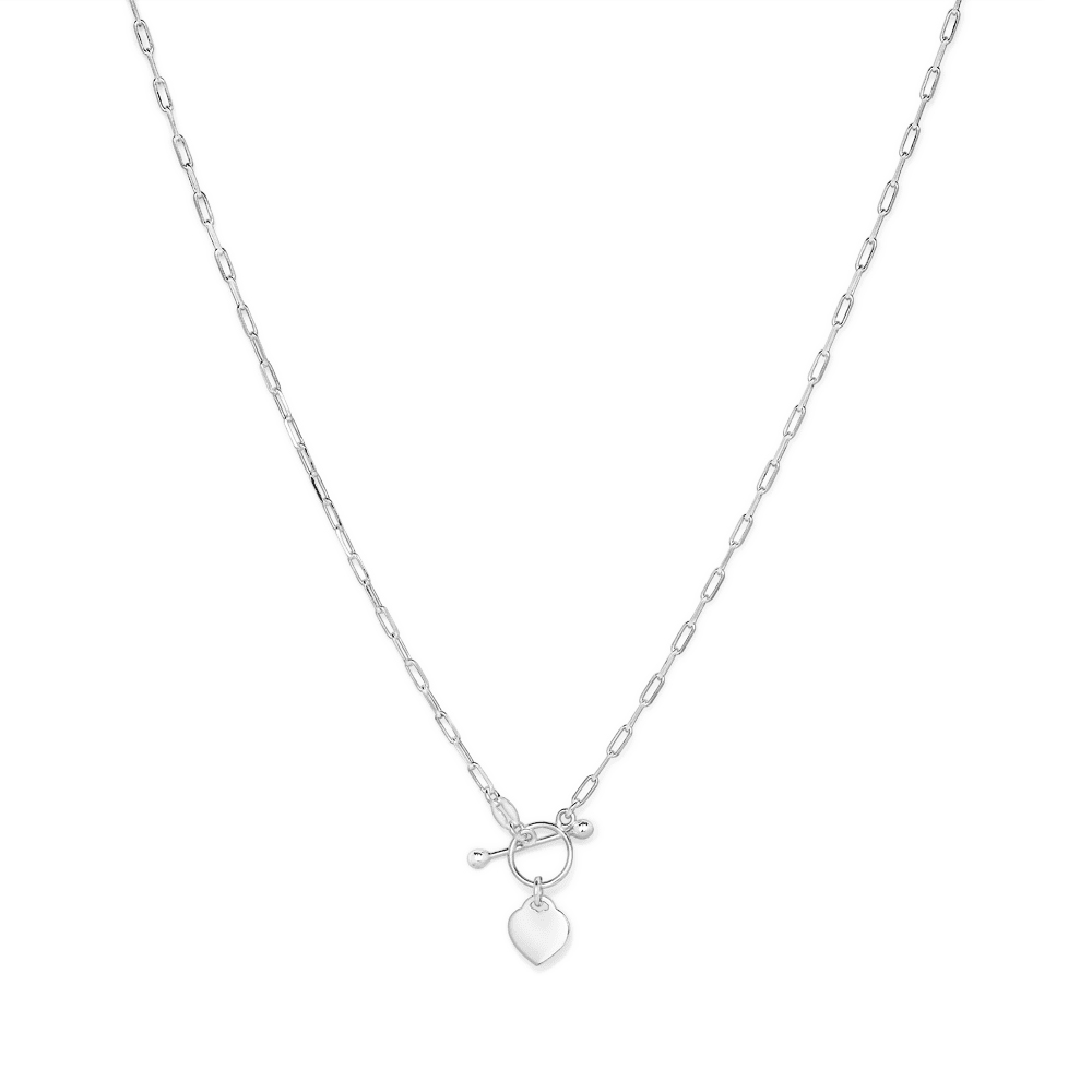 45cm 2mm Width T-Bar Heart Pendant Paperclip Necklace in Sterling Silver
