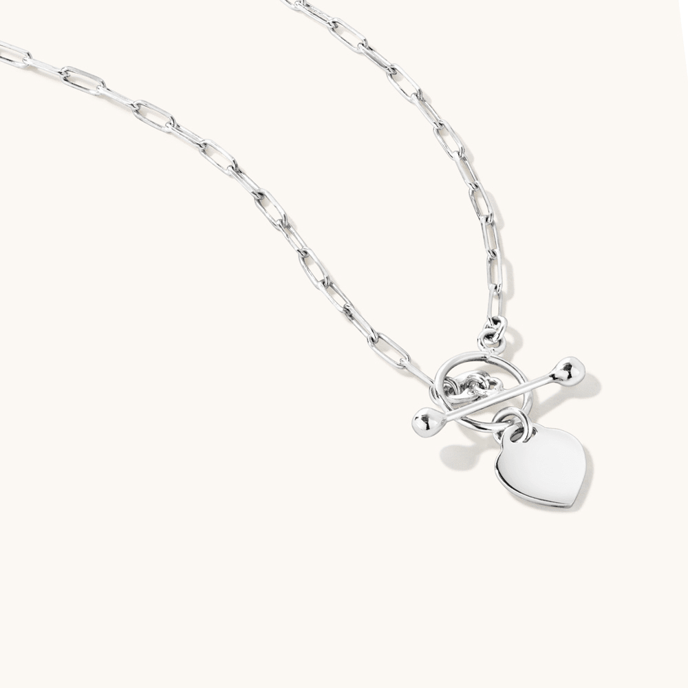45cm 2mm Width T-Bar Heart Pendant Paperclip Necklace in Sterling Silver