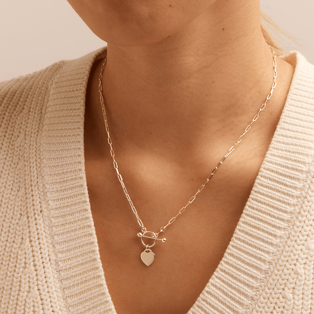 45cm 2mm Width T-Bar Heart Pendant Paperclip Necklace in Sterling Silver