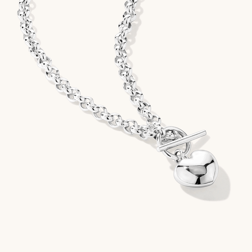 45cm T-Bar Heart Pendant Belcher Necklace in Sterling Silver