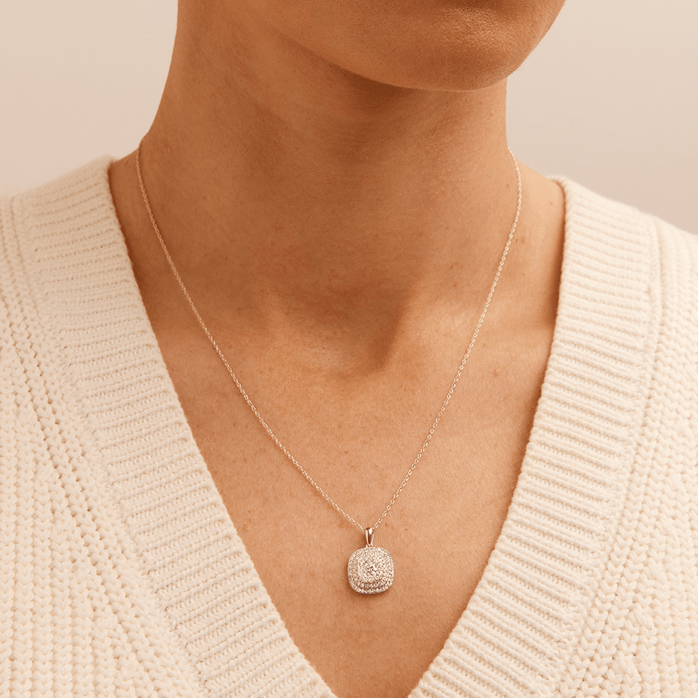 45cm Cushion Shaped Cluster Halo Pendant Necklace with 0.70tw of Laboratory-Grown Diamonds in Sterling Silver and Platinum