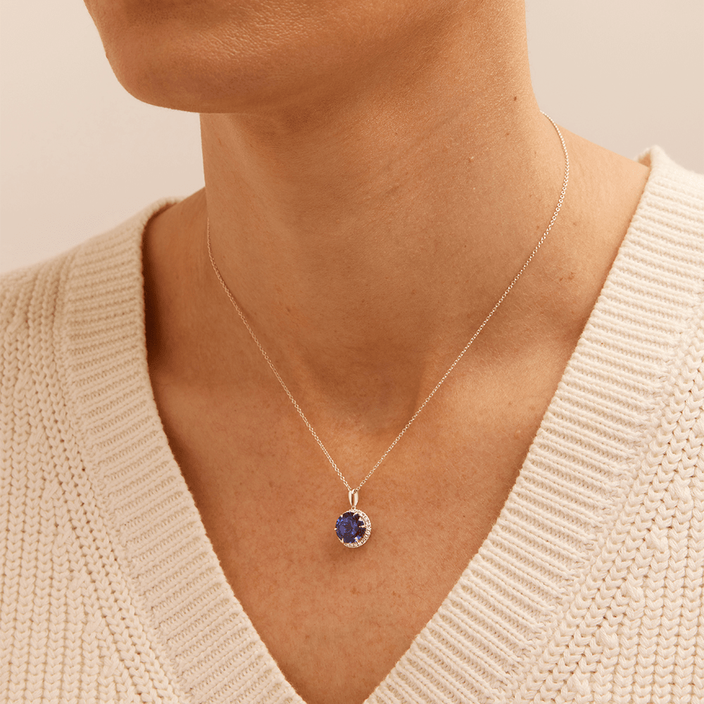 45cm Created Sapphire Necklace with 0.18tw of Laboratory-Grown Diamonds in Sterling Silver and Platinum