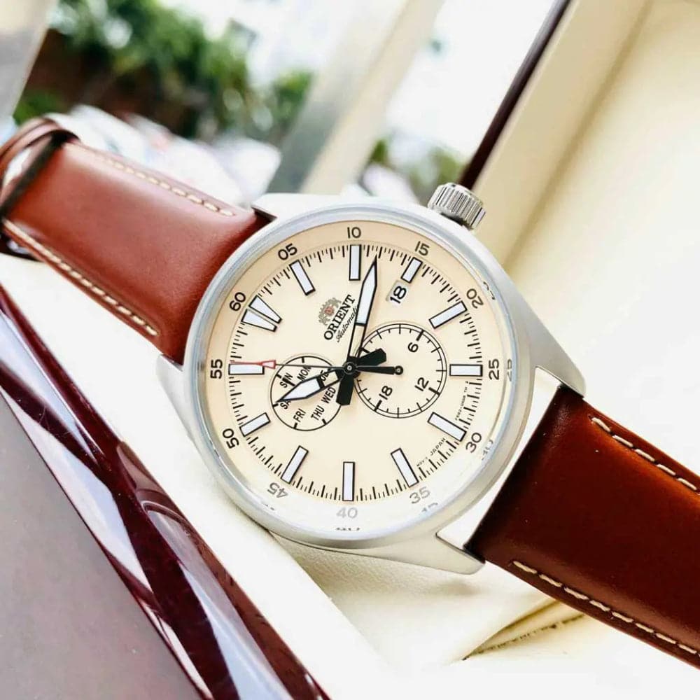 Orient Defender Beige Dial Brown Leather Strap Men Watch RA-AK0405Y10B