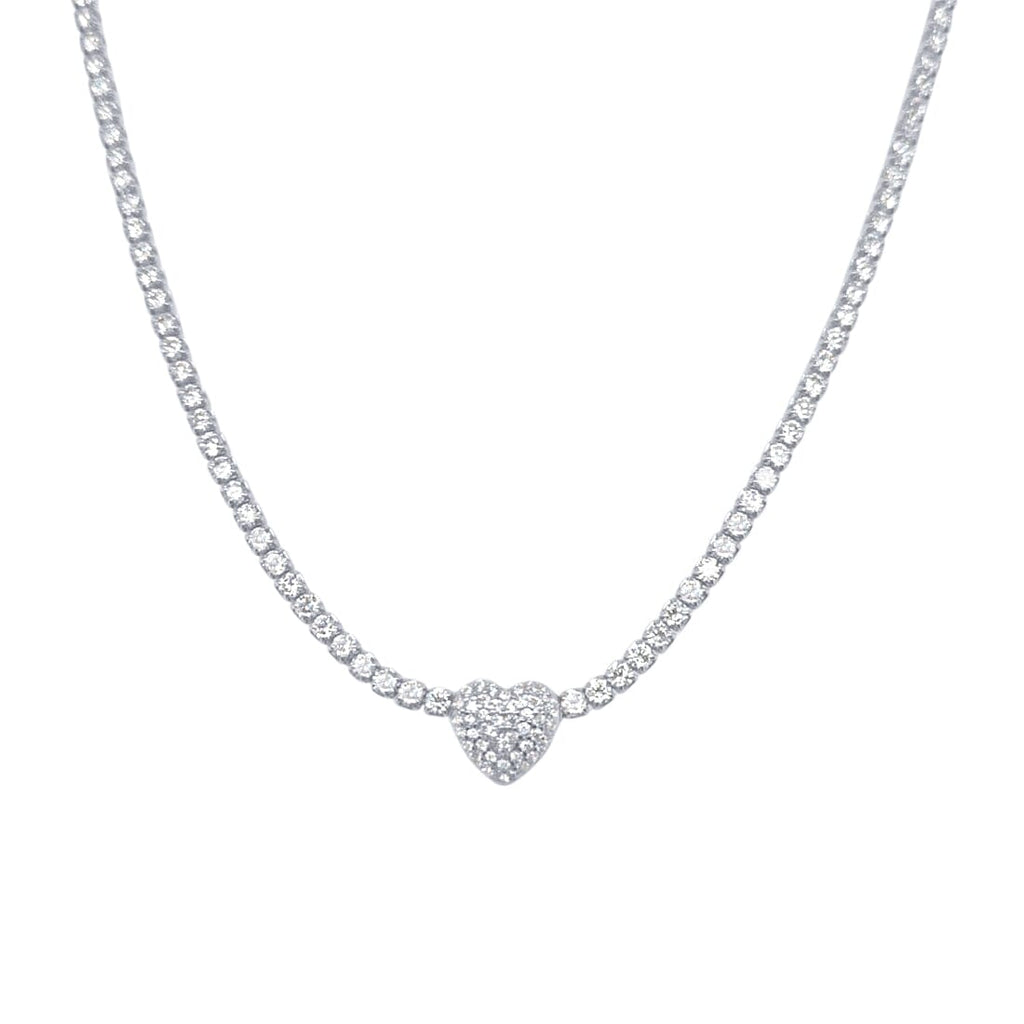 43cm 2mm Width Pave Heart Cubic Zirconia Tennis Necklace in Sterling Silver