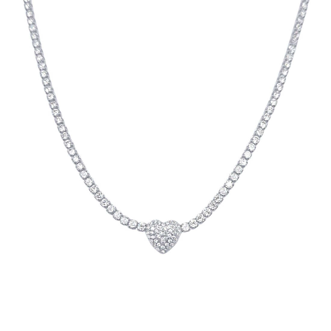 43cm 2mm Width Pave Heart Cubic Zirconia Tennis Necklace in Sterling Silver