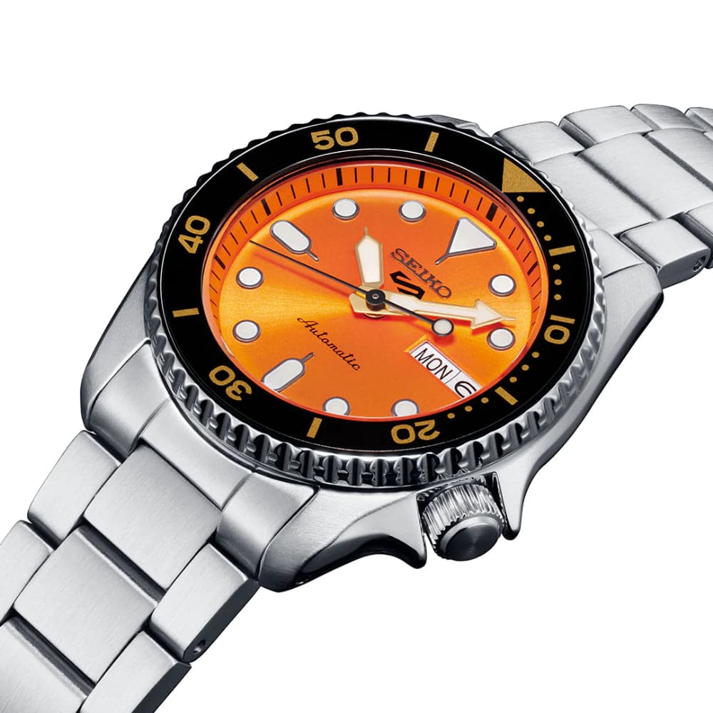 Seiko 5 Sports Orange Dial Silver Stainless Steel Strap Men Watch SRPK35K1P