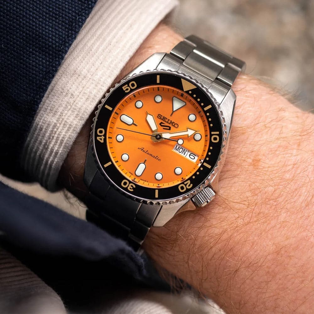 Seiko 5 Sports Orange Dial Silver Stainless Steel Strap Men Watch SRPK35K1P