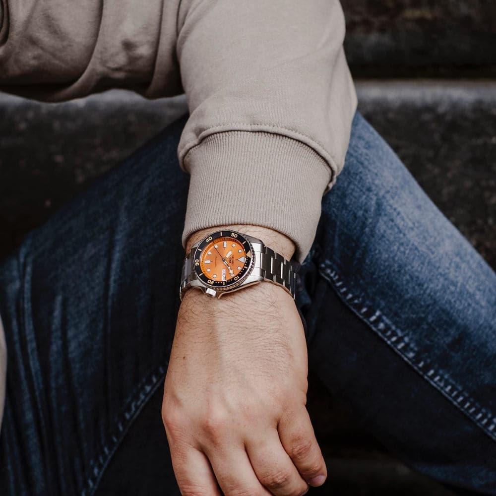 Seiko 5 Sports Orange Dial Silver Stainless Steel Strap Men Watch SRPK35K1P