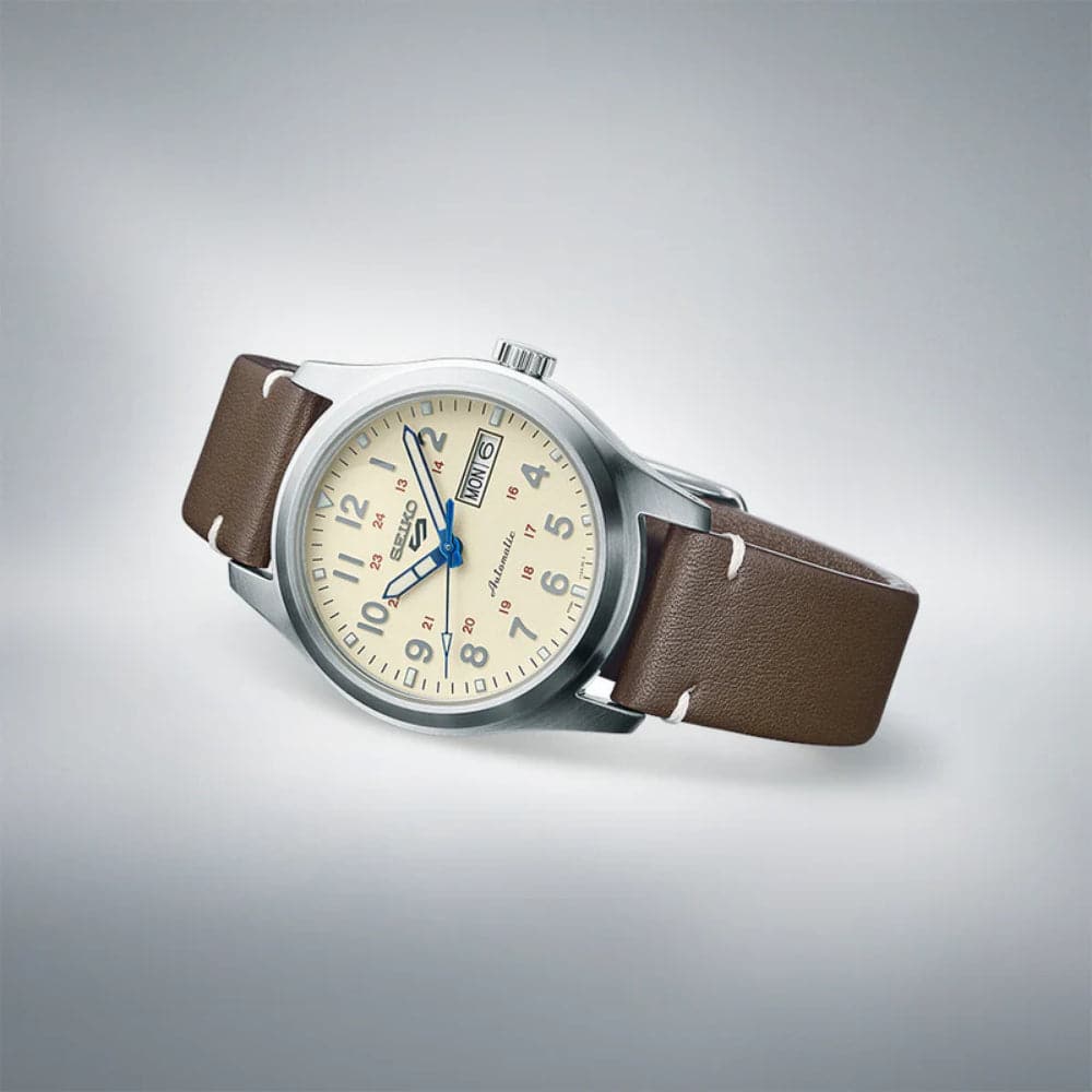 Seiko 5 Silver Stainless Steel & Brown Leather Strap Men Watch SRPK41K1P