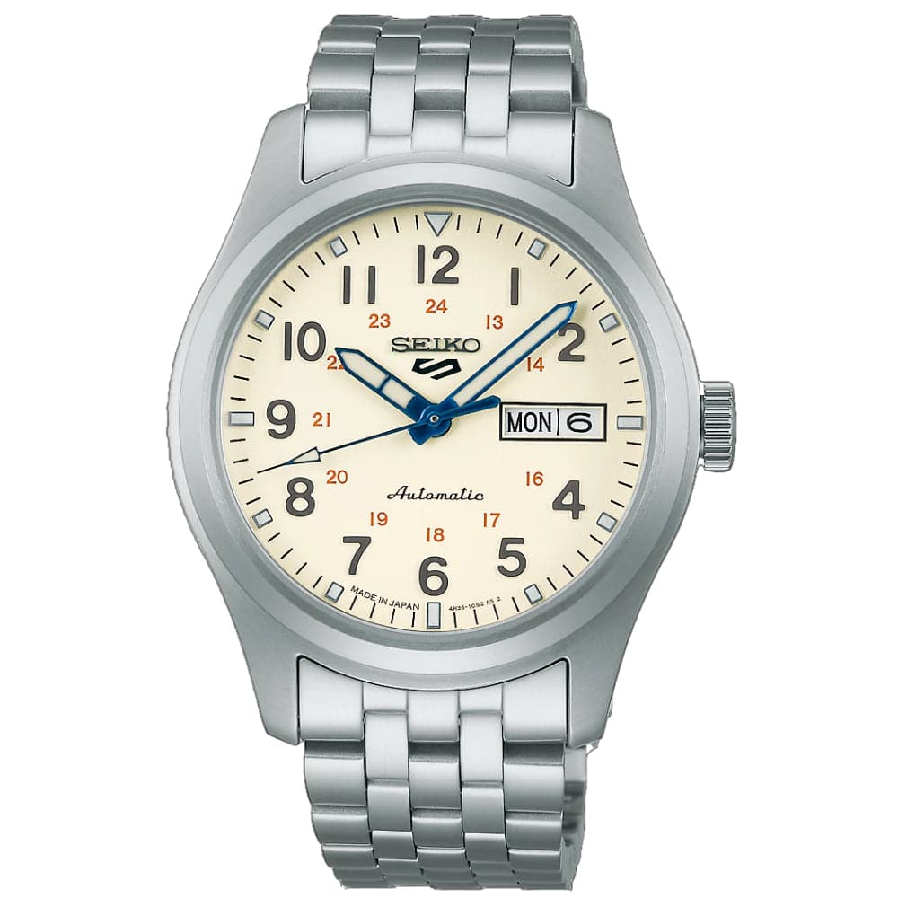 Seiko 5 Silver Stainless Steel & Brown Leather Strap Men Watch SRPK41K1